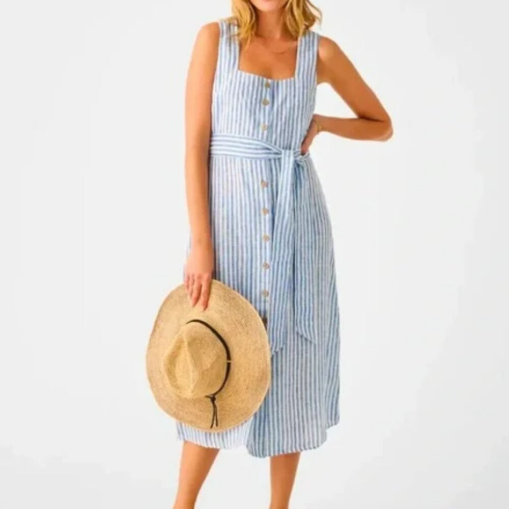 Faherty Blue and White Striped Midi Dress